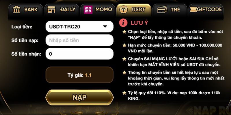 Cổng game cho phép người dùng nạp tiền qua cả USDT
