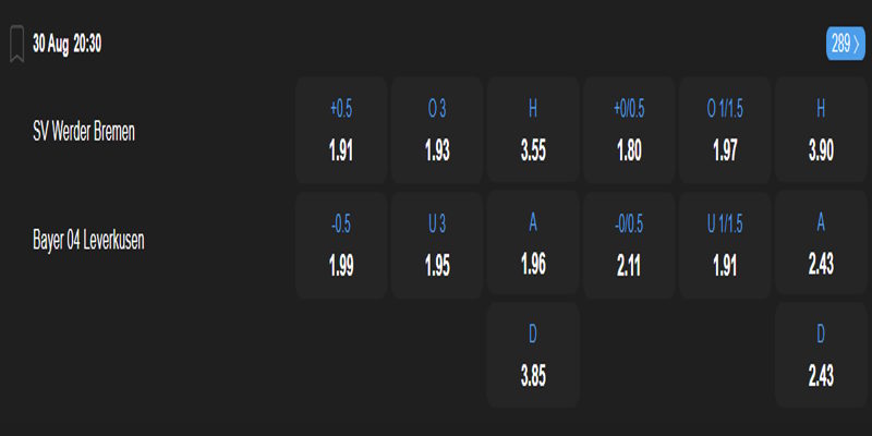 Werder Bremen vs Bayer Leverkusen - bảng tỷ lệ kèo